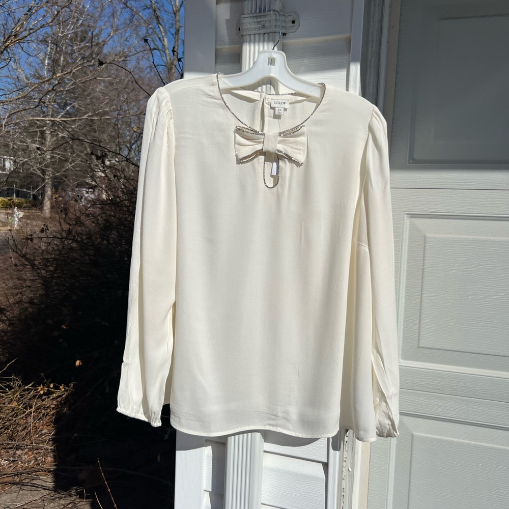 NWT J. Crew Gorgeous Cream Faux Jewel Trtim 3D Bow Blouse